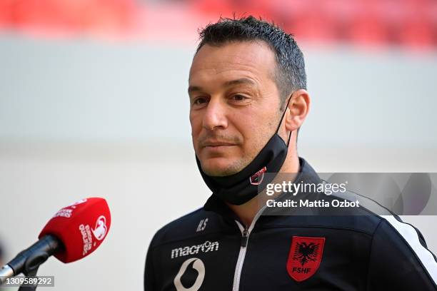 Hamdi Salihi, Assistant Manager of Albania is interviewed prior to the FIFA World Cup 2022 Qatar qualifying match between Albania and England at the...