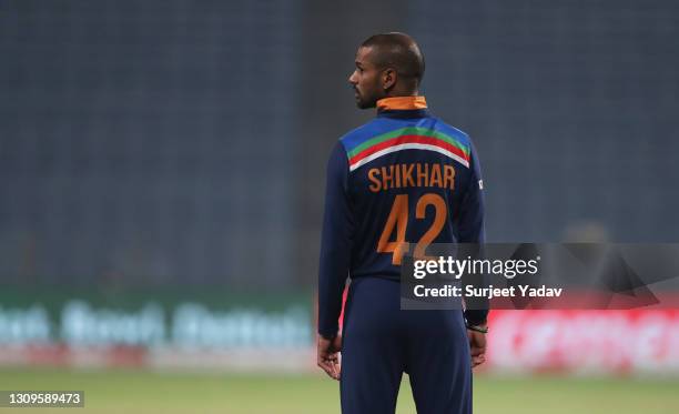 Shikhar Dhawan of India looks on during the 3rd One Day International match between India and England at MCA Stadium on March 28, 2021 in Pune, India.