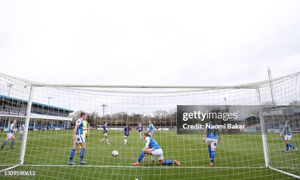 Charlie Wellings of Bristol City celebrates with team mate Carla Humphrey after scoring their side's first goal during the Barclays FA Women's Super...