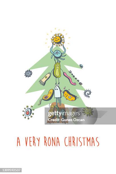 virus christmas tree - cute virus, germ, bacteria doodles - science laboratory interior stock illustrations
