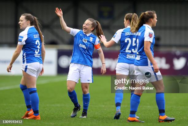 Christie Murray of Birmingham City celebrates with teammates after scoring their team's first goal during the Barclays FA Women's Super League match...