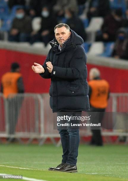 Willy Sagnol, Head Coach of Georgia applauds during the FIFA World Cup 2022 Qatar qualifying match between Georgia and Spain at the Boris Paichadze...