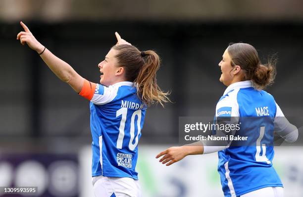 Christie Murray of Birmingham City celebrates after scoring their team's first goal with teammate Ruby Mace during the Barclays FA Women's Super...