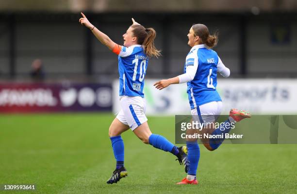 Christie Murray of Birmingham City celebrates after scoring their team's first goal with teammate Ruby Mace during the Barclays FA Women's Super...