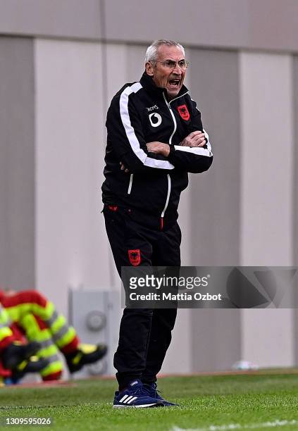 Edoardo Reja, Head Coach of Albania reacts during the FIFA World Cup 2022 Qatar qualifying match between Albania and England at the Qemal Stafa...