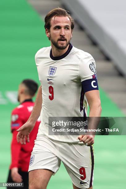 Harry Kane of England celebrates after scoring their side's first goal during the FIFA World Cup 2022 Qatar qualifying match between Albania and...