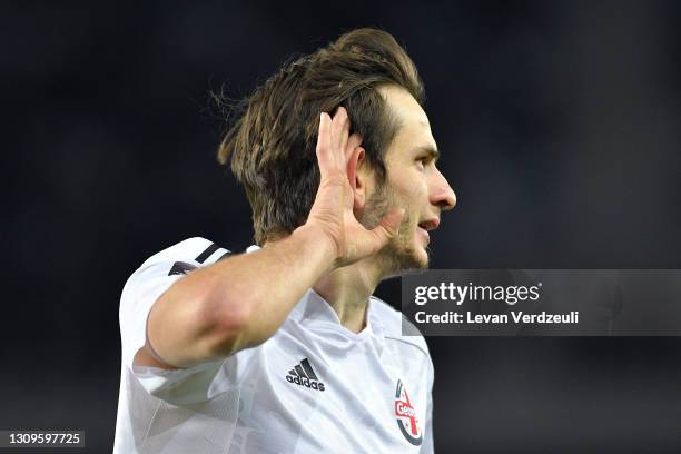 Khvicha Kvaratskhelia of Georgia celebrates after scoring their side's first goal during the FIFA World Cup 2022 Qatar qualifying match between...
