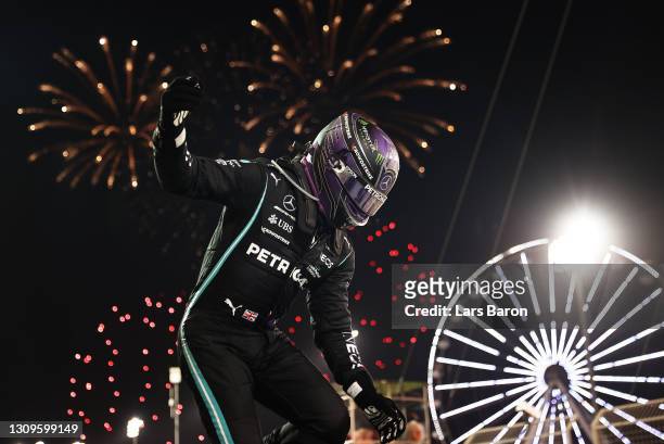 Race winner Lewis Hamilton of Great Britain and Mercedes GP celebrates in parc ferme during the F1 Grand Prix of Bahrain at Bahrain International...