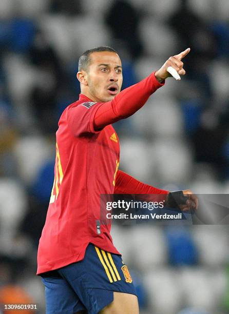 Thiago Alcantara of Spain reacts during the FIFA World Cup 2022 Qatar qualifying match between Georgia and Spain at the Boris Paichadze Dinamo Arena...