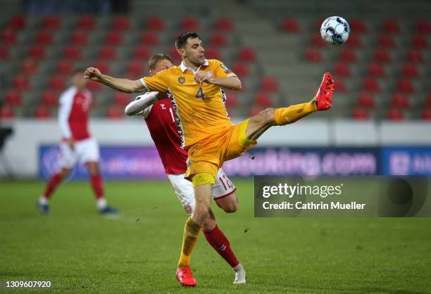 Igor Armas of Moldova looks to control the ball during the FIFA World Cup 2022 Qatar qualifying match between Denmark and Moldova at the MCH-Arena on...