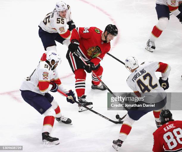 Carl Soderberg of the Chicago Blackhawks tries to control the puck surrounded by Anthony Duclair, Noel Acciari and Gustav Forsling of the Florida...