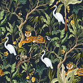 Seamless pattern with jungles trees and animals. Trendy tropical print