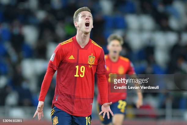 Dani Olmo of Spain celebrates after scoring their side's second goal during the FIFA World Cup 2022 Qatar qualifying match between Georgia and Spain...
