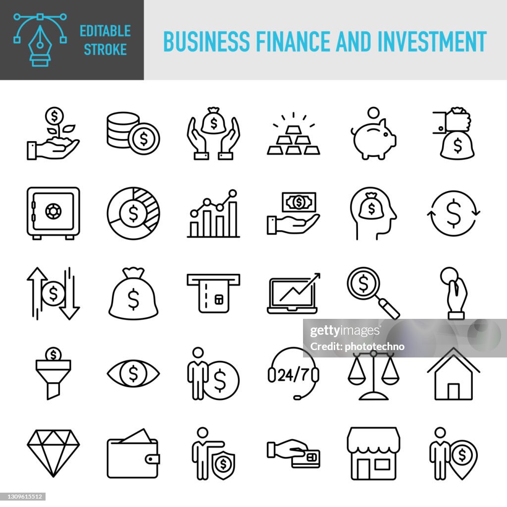 Business Finance and Investment Icons Collection - Dunne lijn vector pictogram set. Pixel perfect. Bewerkbare lijn. Voor mobiel en web. De set bevat iconen: Financiën, Geld sparen, Bank, Bankieren, Kapitaal, Financiële Controle, Geldbeheer, Beleggen