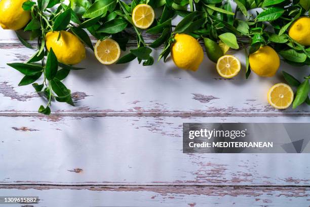 citroenvruchten in takken en bladeren van citroenboom op rustiek hout - lemon tree stockfoto's en -beelden