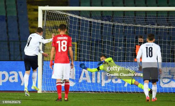 Andrea Belotti of Italy scores the opening goal during the FIFA World Cup 2022 Qatar qualifying match between Bulgaria and Italy on March 28, 2021 in...