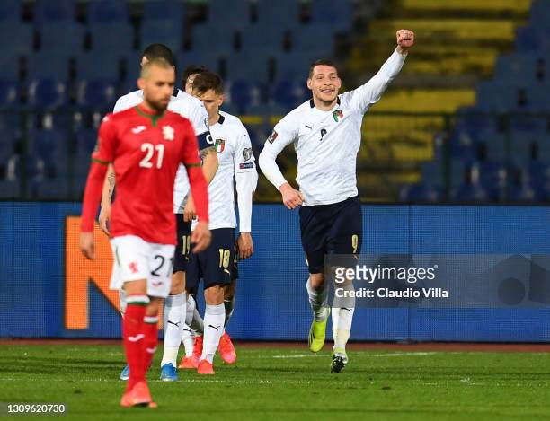 Andrea Belotti of Itlay celebrates after scoring the opening goal during the FIFA World Cup 2022 Qatar qualifying match between Bulgaria and Italy on...