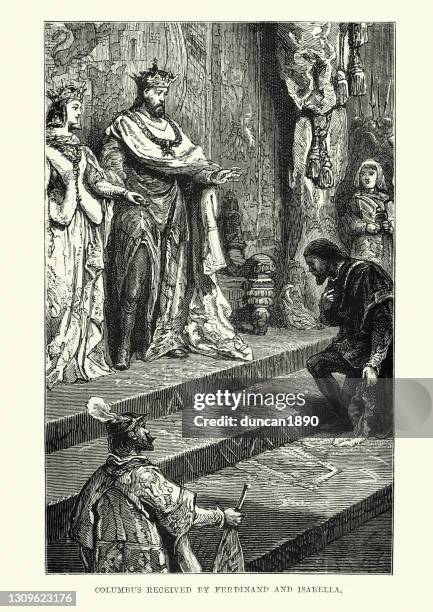stockillustraties, clipart, cartoons en iconen met christoffel columbus ontvangen door ferdinand en isabella - ferdinand ii of aragon