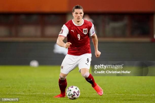 Marcel Sabitzer of Austria on the ball during the FIFA World Cup 2022 Qatar qualifying match between Austria and the Faroe Islands on March 28, 2021...