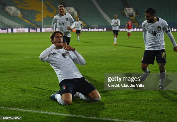 Manuel Locatelli of Italy celebrates after scoring the opening goal during the FIFA World Cup 2022 Qatar qualifying match between Bulgaria and Italy...