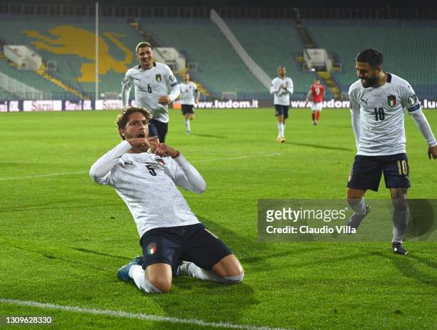 Manuel Locatelli of Italy celebrates after scoring the second goal during the FIFA World Cup 2022 Qatar qualifying match between Bulgaria and Italy...
