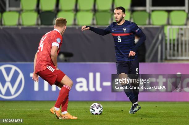 Amine Gouiri of France on the ball during the 2021 UEFA European Under-21 Championship Group C match between Russia and France at Haladas Stadium on...