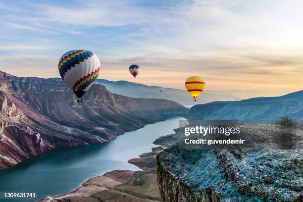 globos aerostáticos sobrevolando el cañón botánico en turquía - globos fotografías e imágenes de stock