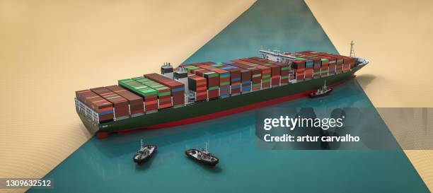 3d image of ship blocking suez canal - canal do suez stock pictures, royalty-free photos & images