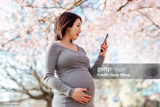 young pregnant woman using mobile phone and relaxing in nature under cherry blossom tree - sakura photos et images de collection