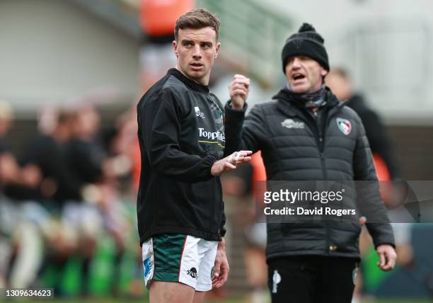 George Ford of Leicester Tigers looks on with his father Mike Ford, the Tigers attack coach in the warm up during the Gallagher Premiership Rugby...