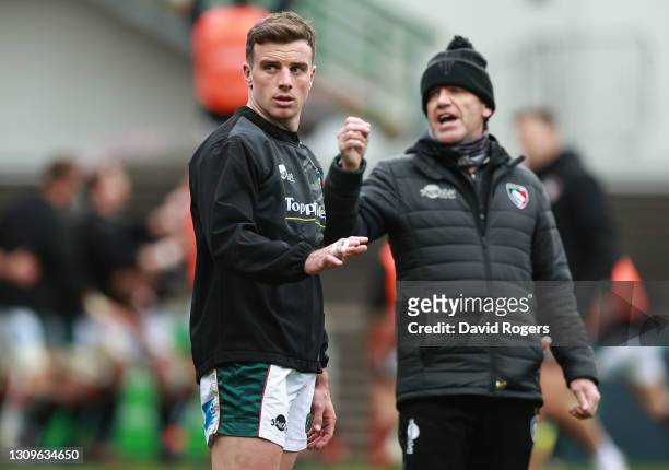 George Ford of Leicester Tigers looks on with his father Mike Ford, the Tigers attack coach in the warm up during the Gallagher Premiership Rugby...