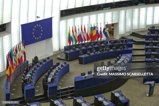 flags of european states inside the hall of parliament in strasbourg. - union européenne photos et images de collection