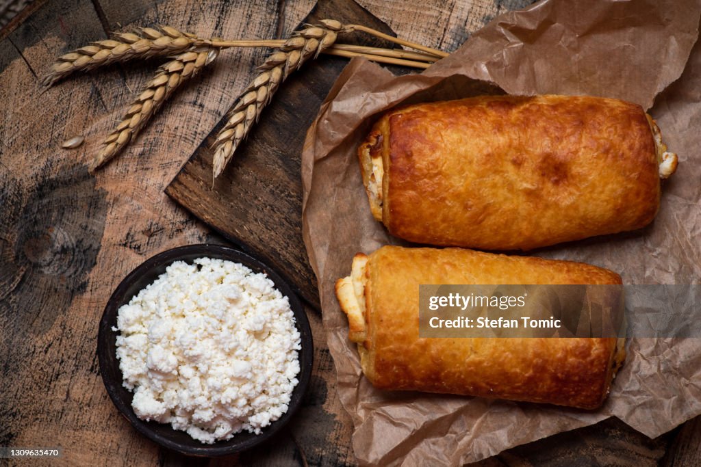 Homemade puff pastry crushed cheese pie