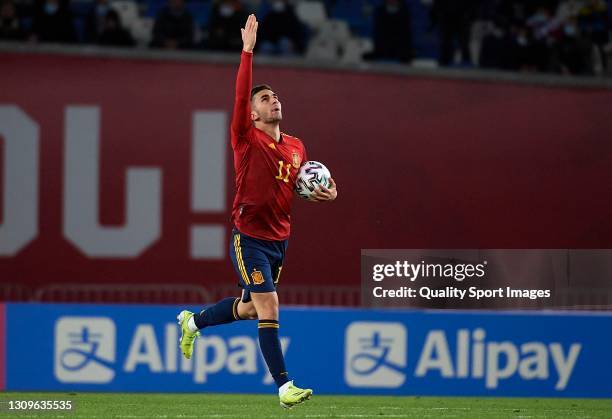 Ferran Torres of Spain celebrates after scoring his team's first goal during the FIFA World Cup 2022 Qatar qualifying match between Georgia and Spain...