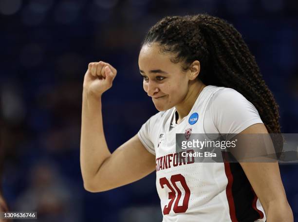 Haley Jones of the Stanford Cardinal celebrates after drawing the foul in the first half against the Missouri State Lady Bears during the Sweet...
