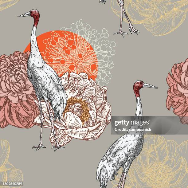 sarus crane traditional floral seamless pattern - chrysanthemum illustration stock illustrations