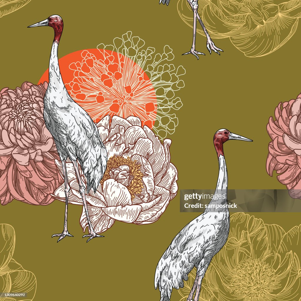 Sarus Crane Traditional Floral Seamless Pattern
