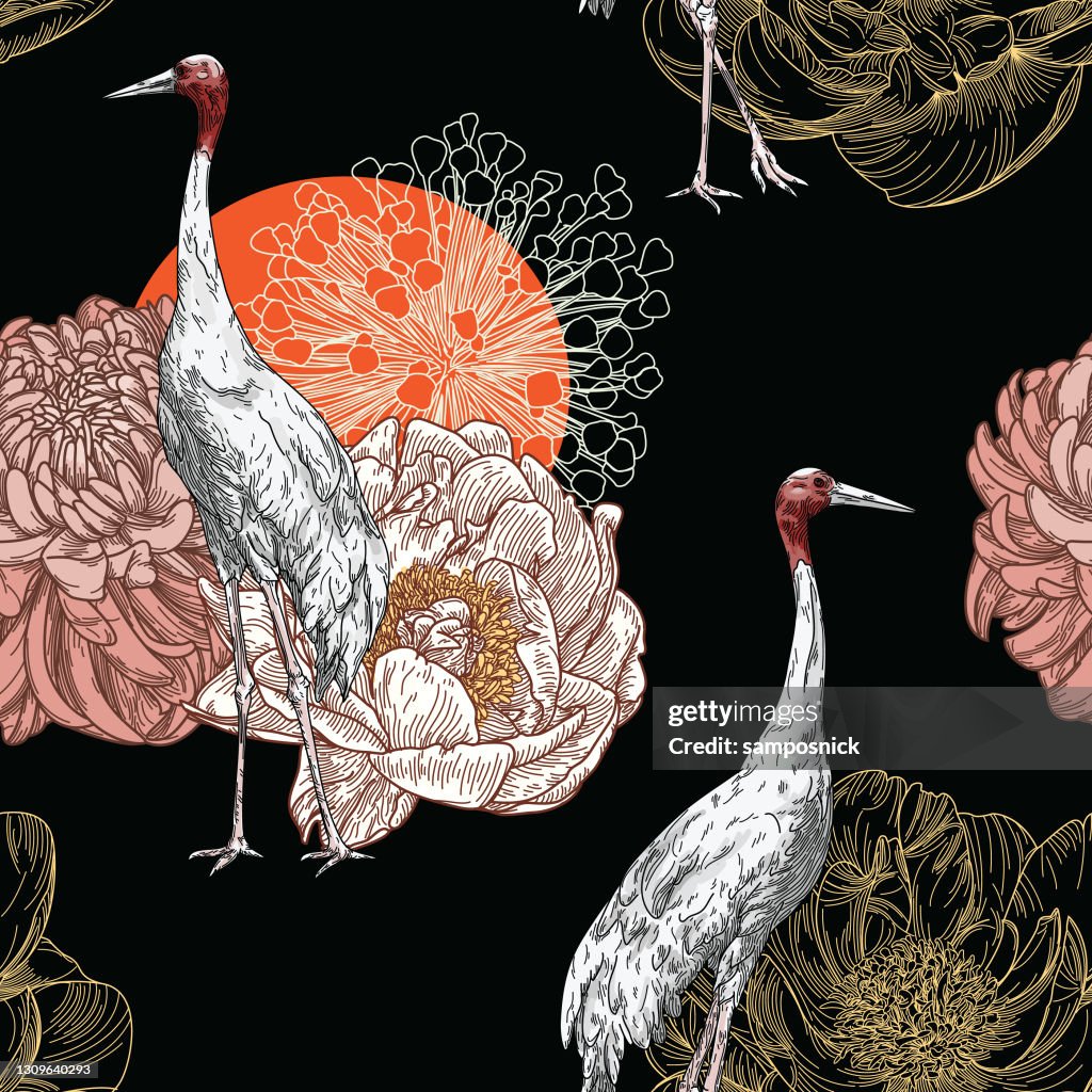 Sarus Crane Traditional Floral Seamless Pattern