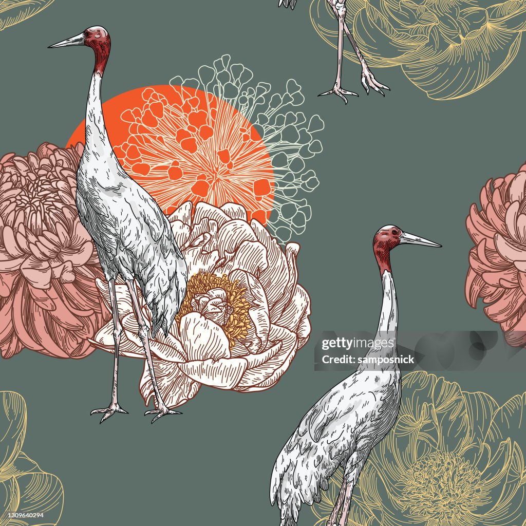 Sarus Crane Traditional Floral Seamless Pattern