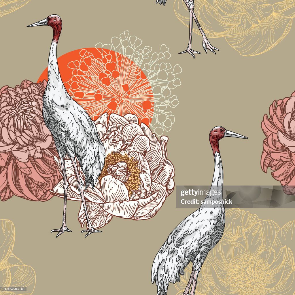 Sarus Crane Traditional Floral Seamless Pattern