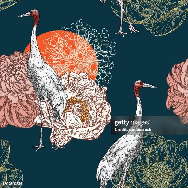 sarus crane traditional floral seamless pattern - peony stock illustrations