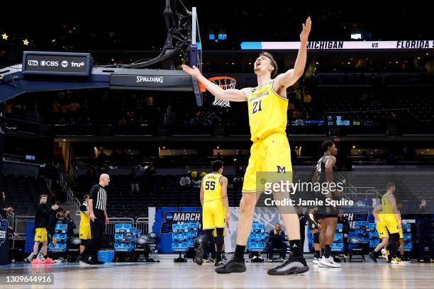 Franz Wagner of the Michigan Wolverines celebrates in the final moments of the second half of their Sweet Sixteen round game against the Florida...