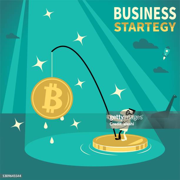 one businessman wearing a shirt and tie and standing on a big gold coin in the spotlight gets a big bitcoin cryptocurrency by fishing - sea monster stock illustrations