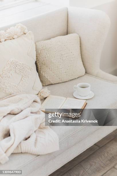 empty couch with beautiful pillow, tea cup and book. - cojín fotografías e imágenes de stock