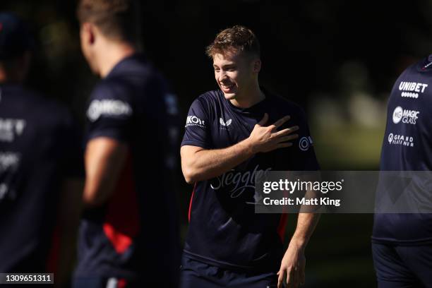 Sam Walker arrives during a Sydney Roosters NRL training session at Kippax Lake on March 29, 2021 in Sydney, Australia.