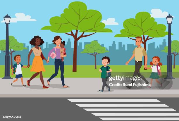 homosexual couple and children - pedestrian stock illustrations