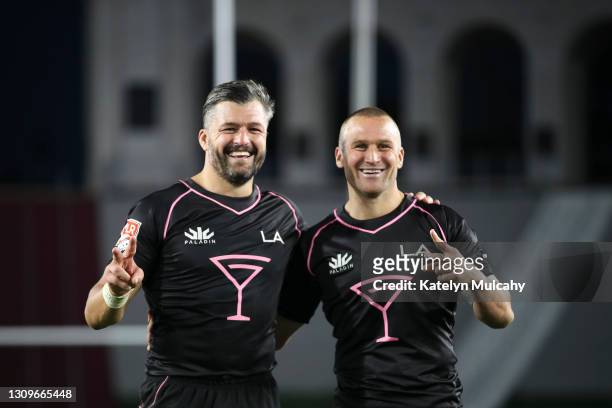 Adam Ashley-Cooper and Matt Giteau of the LA Giltinis pose for photos after winning the game against the Seattle Seawolves at Los Angeles Coliseum on...