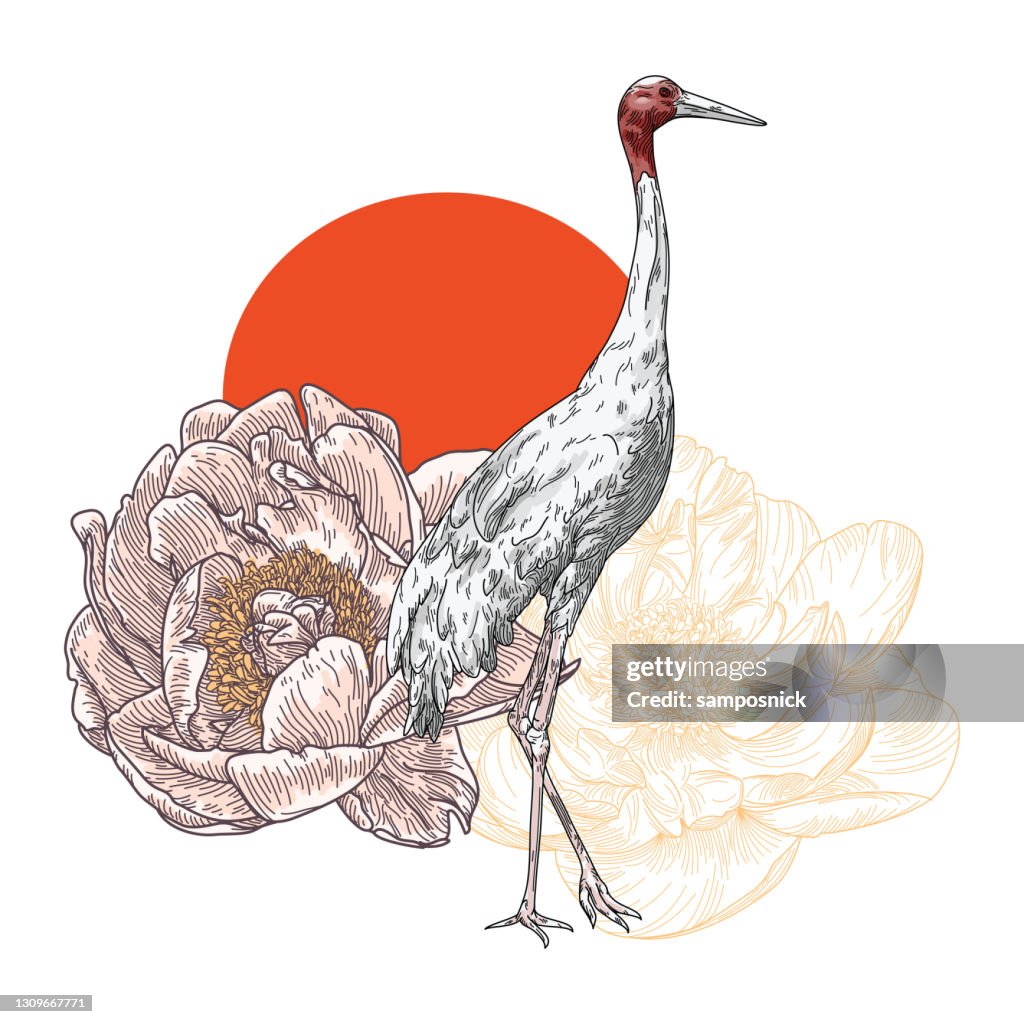 Elegant Sarus Crane Bird and Floral Composition