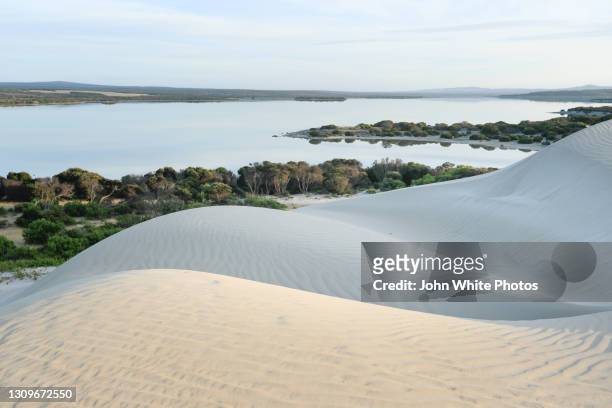 sleaford mere and sand dunes. eyre peninsula. south australia. - port lincoln stockfoto's en -beelden
