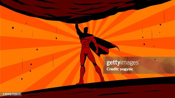 vector retro superhero lifts a big rock - picking up stock illustrations